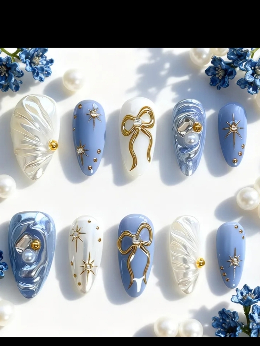 🔥3/$21 Elegant Blue & White 3D Bow and Pearl Press On Nail Set